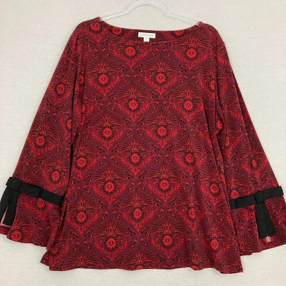 Charter Club Red‎ Black Floral Artsy Stretch Knit Flare Sleeve Feminine Top 2X
